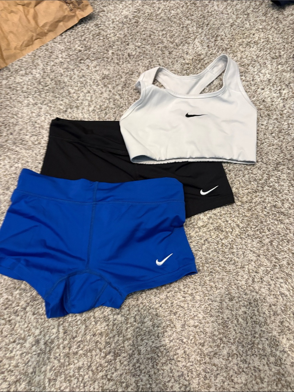 Nike White Sports Bra with Black and Royal Blue Performance Shorts